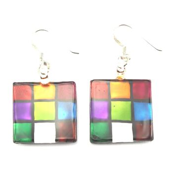 SWE563 - Boucle d'oreille pendante carrée en verre multicolore 1