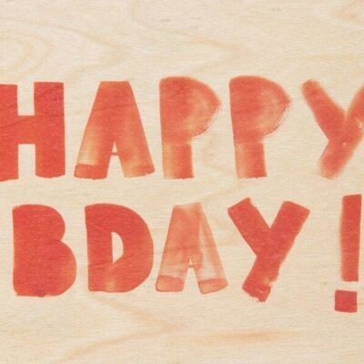 Wooden postcard - painted words hbday orange