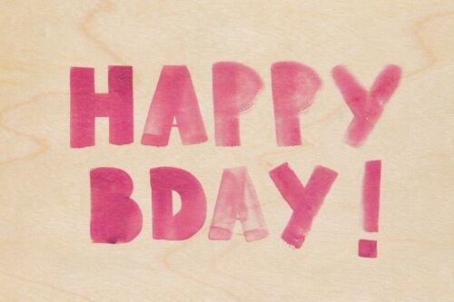 Carte postale en bois - painted words hbday pink