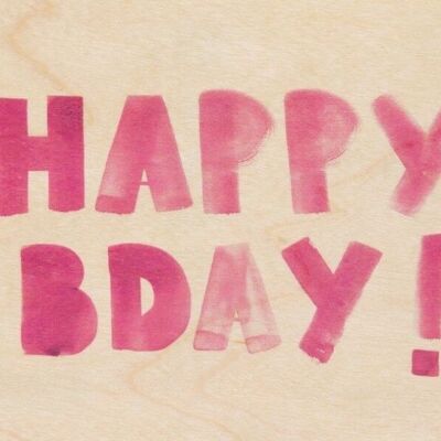 Wooden postcard - painted words hbday pink