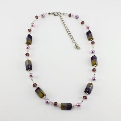WSWN0043PU - PIPPA - Purple/Gold Rectangle Glass Crystal Necklace