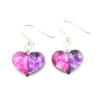 WSWE569 - Boucle d'oreille pendante coeur bicolore en verre violet rose 1