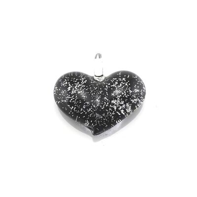 WSWN572 - Black Glass Heart Silver Fleck Pendant Necklace