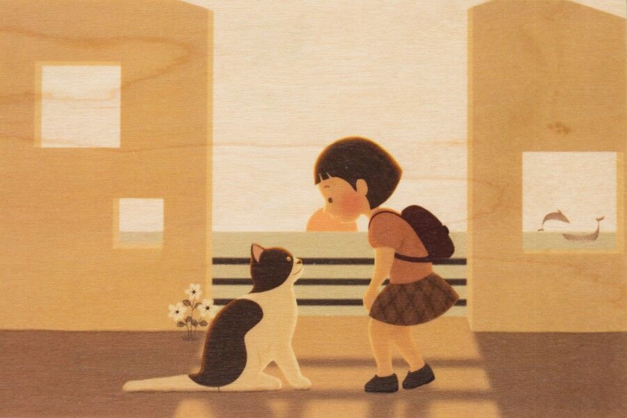 Postkarte aus Holz - Kinder 2 Kätzchen