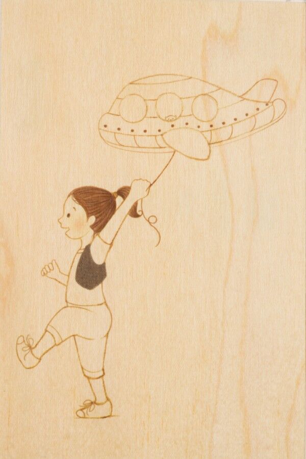 Holzpostkarte - Kinder 2 Flugzeugballon bis