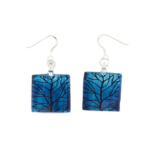 WSWE529 - Blue Glass Square Branch Drop Earring
