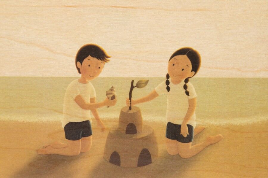 Holzpostkarte - Kinder 2 Sandburg bis