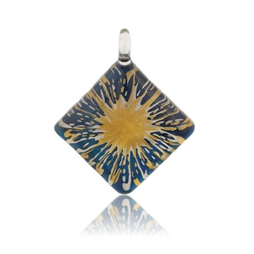 WSWN514 - Blue Glass Diamond Gold Splash Pendant Necklace