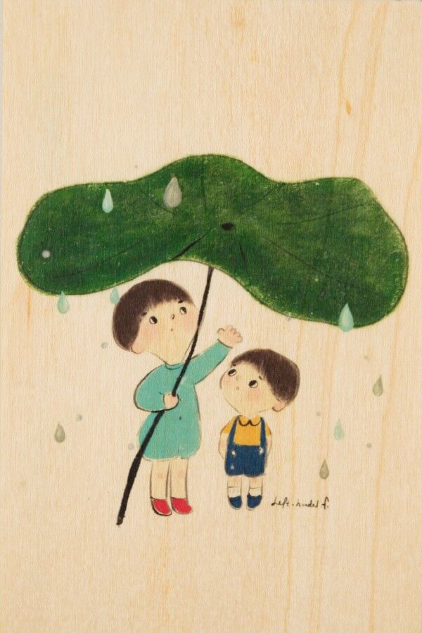 Holzpostkarte - Kinder 3 regnet bis