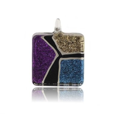 WSWN535 - Purple Blue Gold Glass Square Glitter Pendant Necklace
