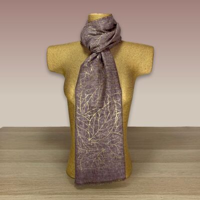 Plum Gold Foil Leaf Print Scarf