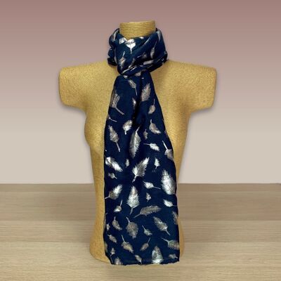 Navy, Silver Leaf Foil Print Scarf