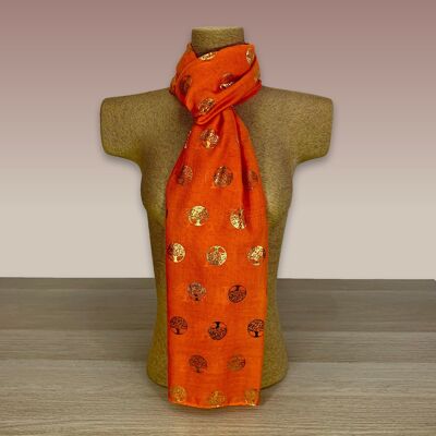 Orange, Gold Foil, Tree Of Life  Print Scarf