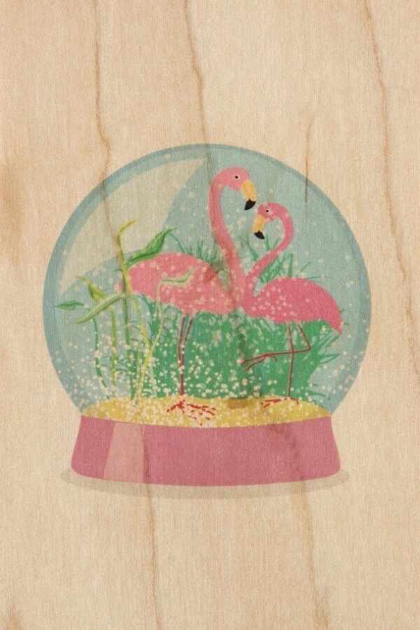 Wooden postcard - snow globes flamingos