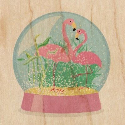 Postkarte aus Holz - Schneekugeln Flamingos