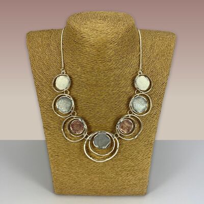 SWG017 - Fashion Rhodium Plated Necklace -  Silver, Gold, Grey Enamel Painted Hoops