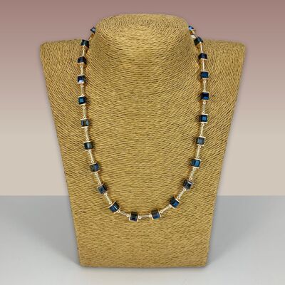 SWG042 - Fashion Rhodium Plated Necklace - Blue Glass Squares