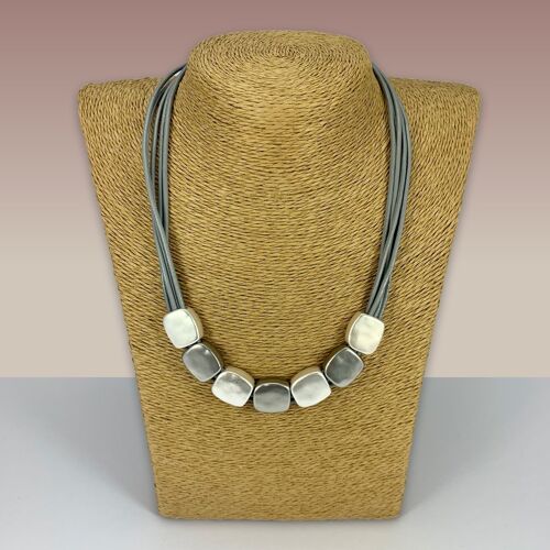SWG050 - Fashion Rhodium Plated Necklace - Silver, Grey Brushed Squares
