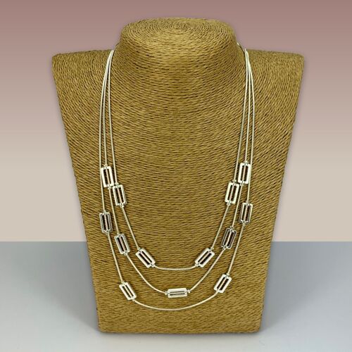 SWG057 - Fashion Rhodium Plated Necklace - Silver Three String Rectangles