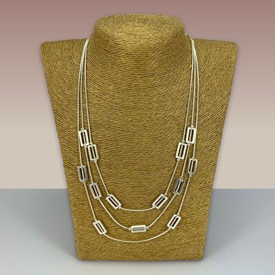 SWG057 - Fashion Rhodium Plated Necklace - Silver Three String Rectangles