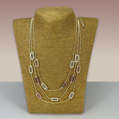 SWG058 - Fashion Rhodium Plated Necklace - Silver, Rose Gold Three String Rectangles