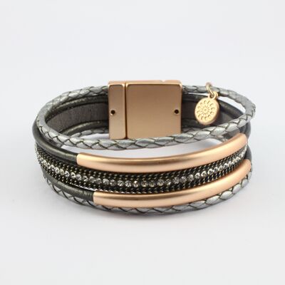 SWB025 - Fashion Faux Leather Bracelet - Grey, Rose Gold