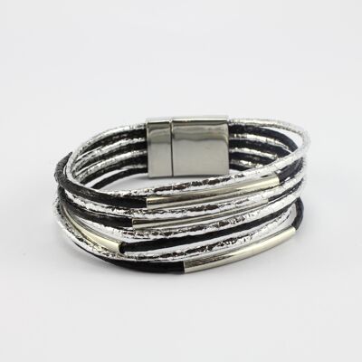 SWB027 - Fashion Faux Leather Bracelet - Silver, Black