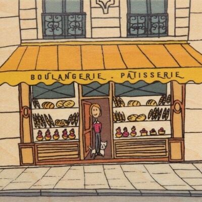 Postal de madera - panadería ilustrada de París