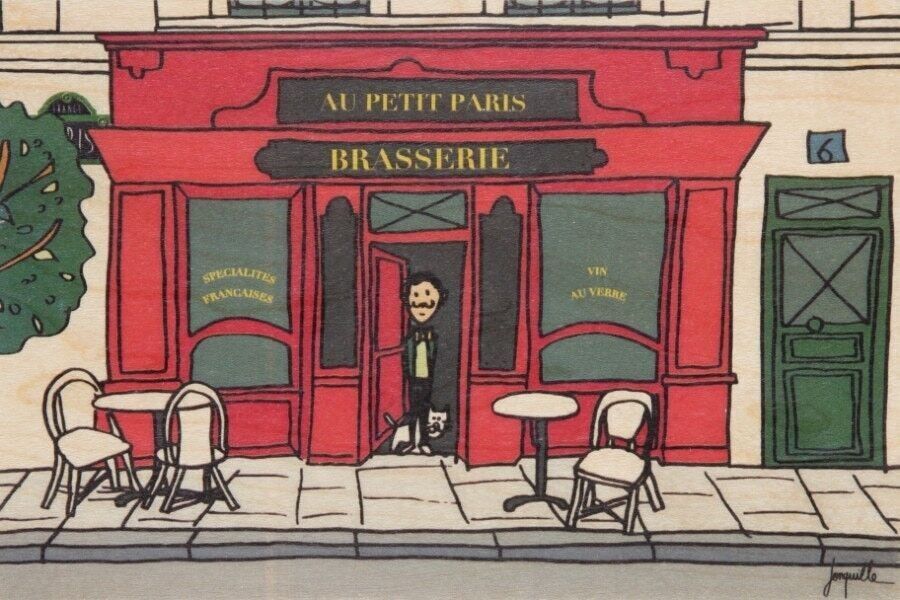 Wooden postcard - paris illustrated brasserie