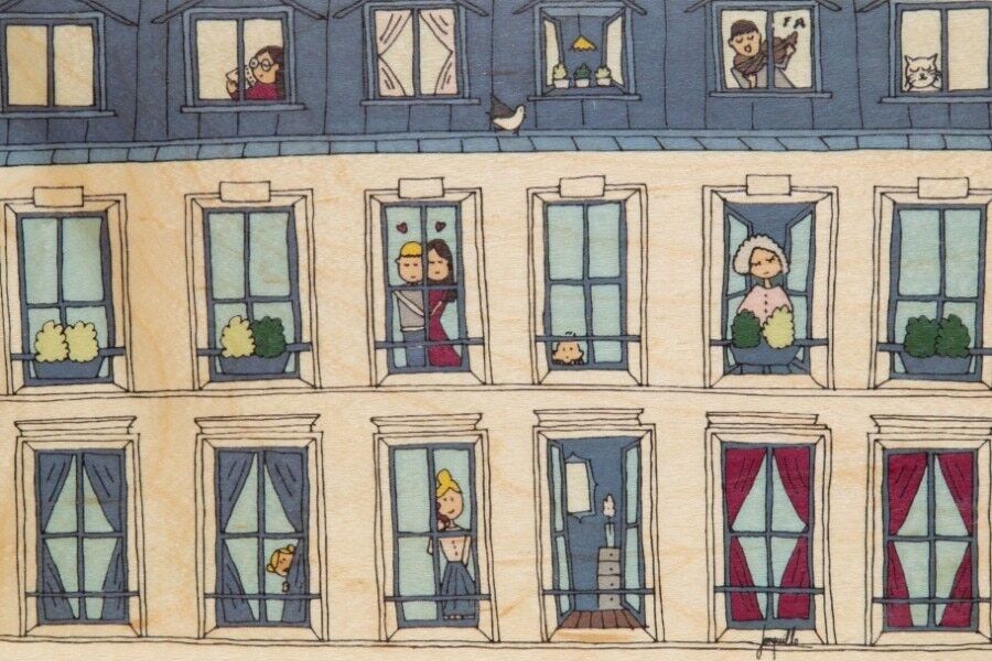 Wooden postcard - paris illustrated windows