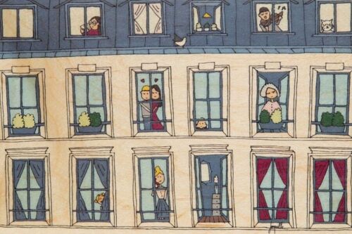 Carte postale en bois - paris illustré fenêtres