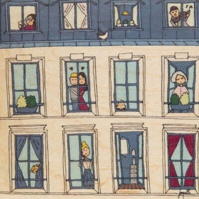 Postal de madera - ventanas ilustradas de París