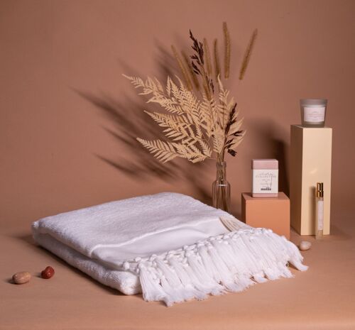 Luxe Bath Experience Gift Hamper- White Towel, Candle, Gourmet Soap & Towel Perfume