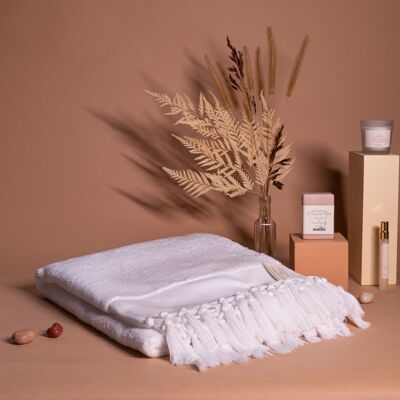Luxe Bath Experience Gift Hamper- White Towel, Candle, Gourmet Soap & Towel Perfume