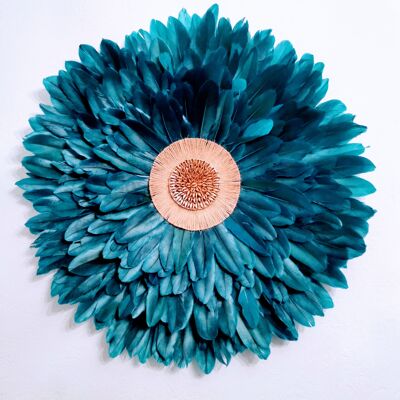 Modèle sur mesure / Juju hat vert/bleu canard plumes et coquillages or - 70 cm