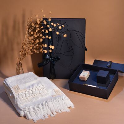 Ultra Plush Bath Indulgence Gift Hamper- White Towels, Candle, Soap & Towel Perfume