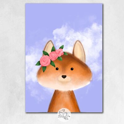 The fox blue background and wreath of flowers