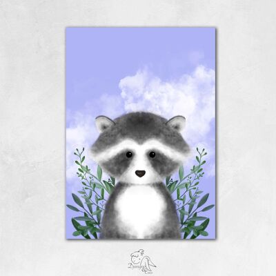 Raccoon with flowers on blue background