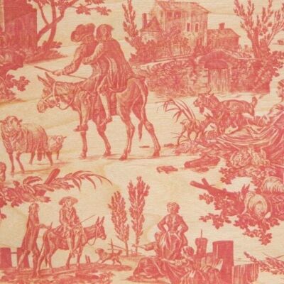 Carte postale en bois - toile de jouy meunier rouge bis