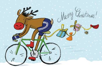 Carte pliante Carte de Noël renne avec vélo de course 1