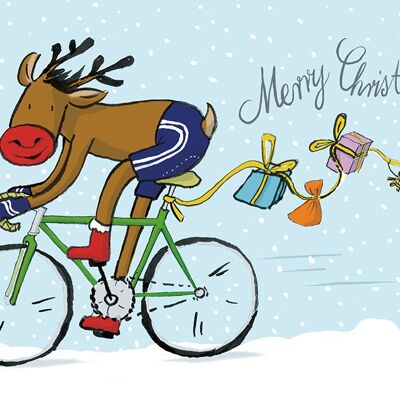 Tarjeta plegable Tarjeta navideña reno con bicicleta de carreras