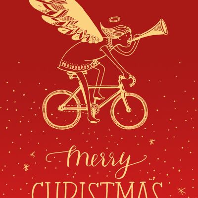 Tarjeta plegable Tarjeta navideña Ángel en bicicleta