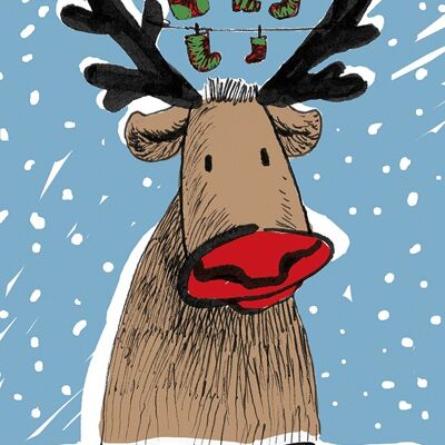 Klappkarte Weihnachtskarte Elch mit Sockenleine