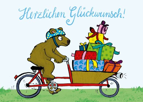 Postkarte Glückwunsch mit Lastenrad und Bär