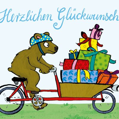 Postal de felicitación con una bicicleta de carga y un oso.