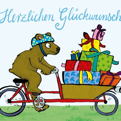 Congratulazioni da cartolina con una bici da carico e un orso