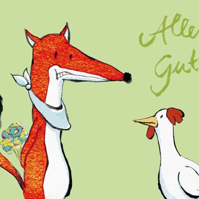 Postkarte Alles Gute Fuchs mit Huhn