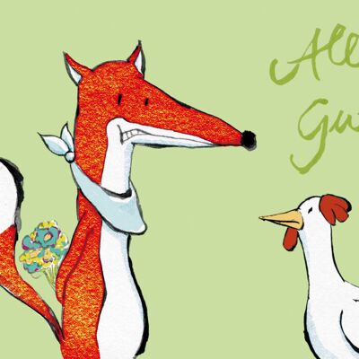 Postkarte Alles Gute Fuchs mit Huhn