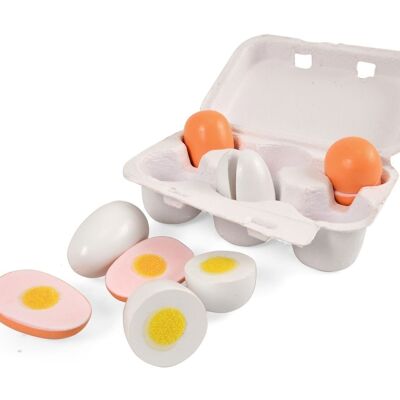 Huevos de madera en bandeja para huevos, 6 piezas