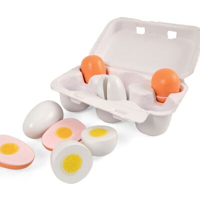 Wooden eggs in an egg tray, 6 pieces
